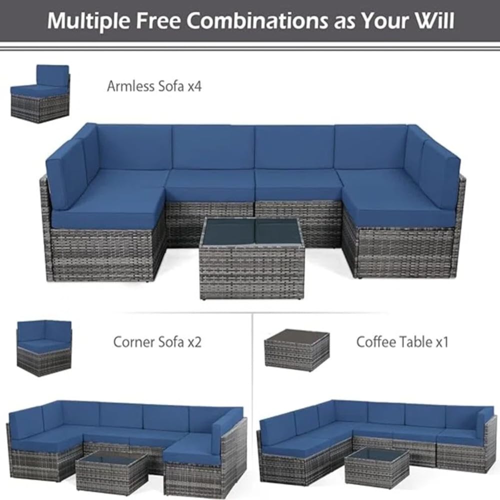 YODOLLA 7 Piece Outdoor Patio Furniture Set with 30 Inch Fire Pit Table, Grey Rattan Dark Blue Cushion