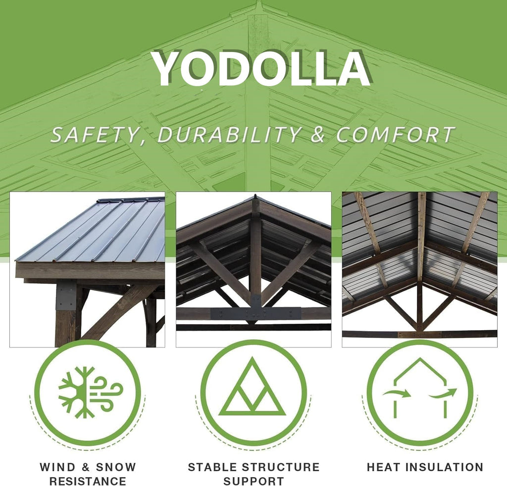 YODOLLA 14'x12' Wooden Gazebo on Clearance, Pergolas with  Arlington Polycarbonate Pyramid Hip Roof, Dark Brown Roof