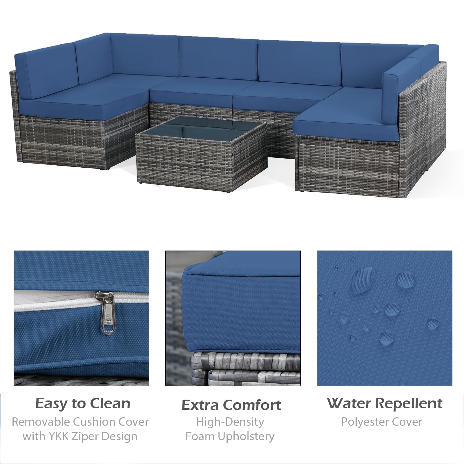 YODOLLA 7 Piece Outdoor Patio Furniture Set, Grey & Navy