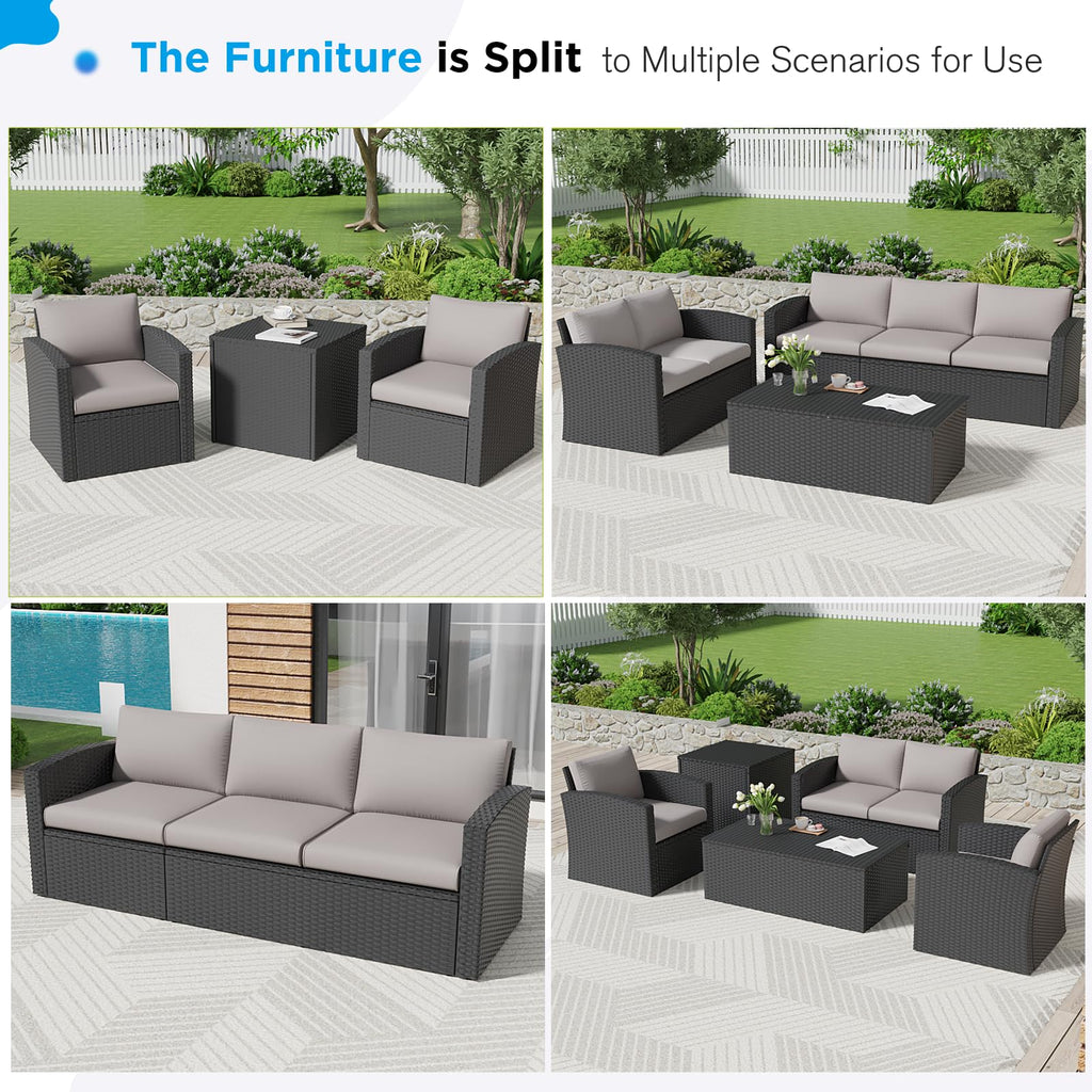 YODOLLA 7 PCS Outdoor Patio Furniture Sets with 2 Storage Boxes, Black & Grey