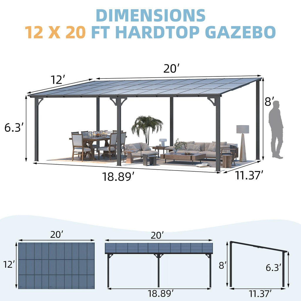YODOLLA 20' x 12' Gazebo for Patio, Large Wall-Mounted Hard Top Lean-to Gazebo Pergola