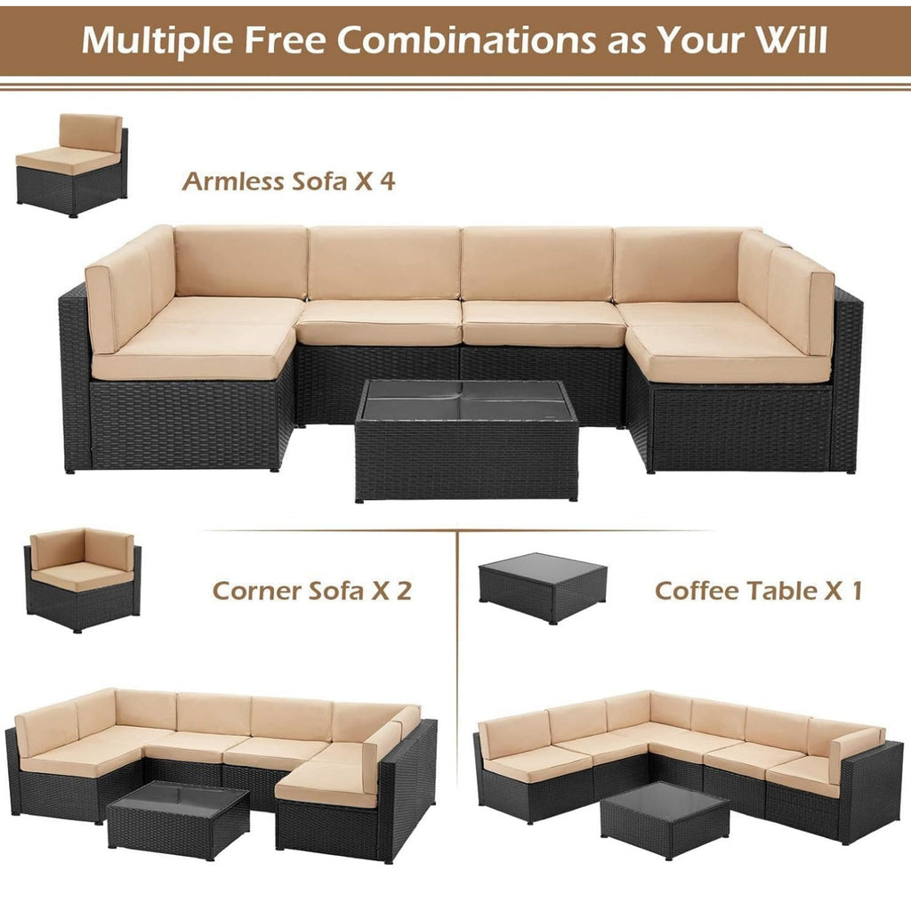 YODOLLA 7 Piece Outdoor Patio Furniture Set with Extra 43 Inch Fire Pit Table, Black Rattan & Beige Cushion