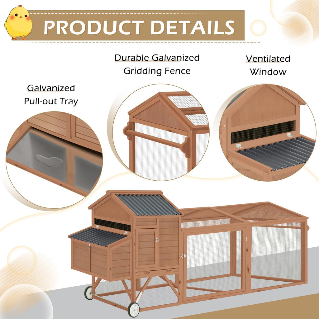 YODOLLA 95" Wooden Chicken Coop with Wheels Chicken Hutch Tractor, Brown