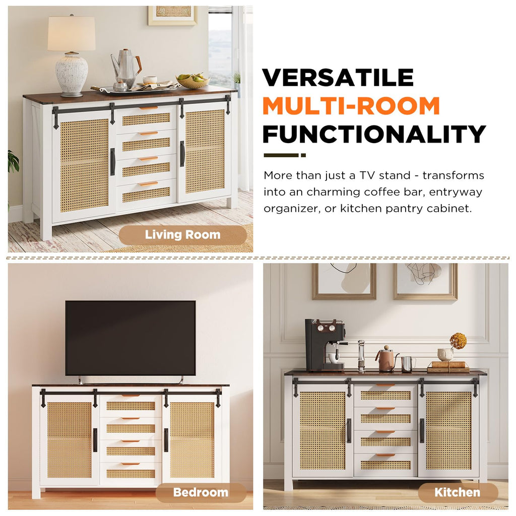 YODOLLA Farmhouse Sideboard Buffet Cabinet with Storage, Rattan Kitchen Cabinet w/Sliding Barn Doors & 4 Drawers