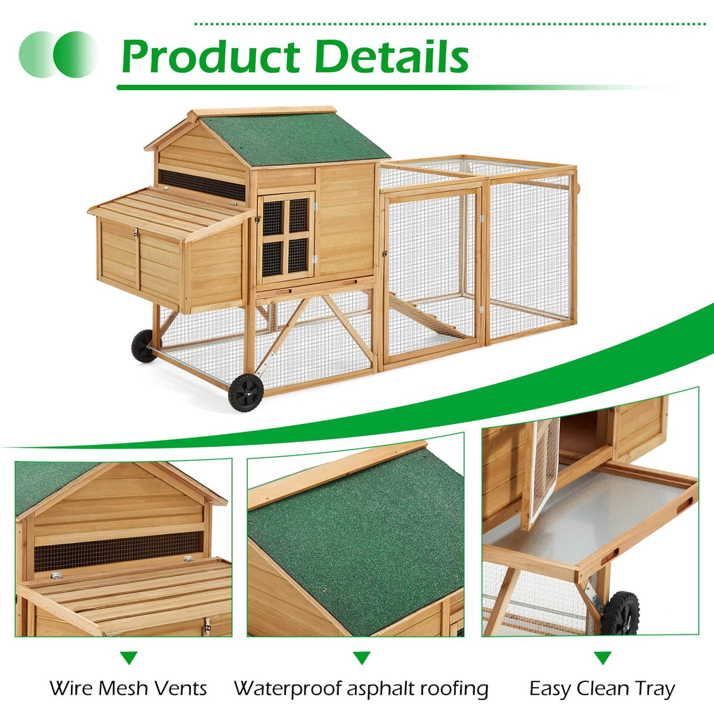 YODOLLA  96" Chicken Coop with Wheels, Large Outdoor Wooden Chicken Coop Chicken Run Pet Hutch Hen House with Run,Nesting Boxes, Ramps, Easy-Cleaning Tray for 6 Chickensbest