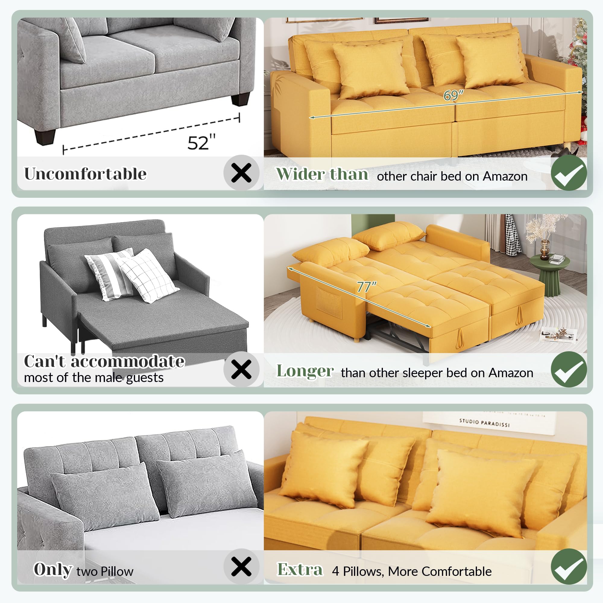 YODOLLA Comfortable 3-1 Convertible Sofa Bed,Yellow