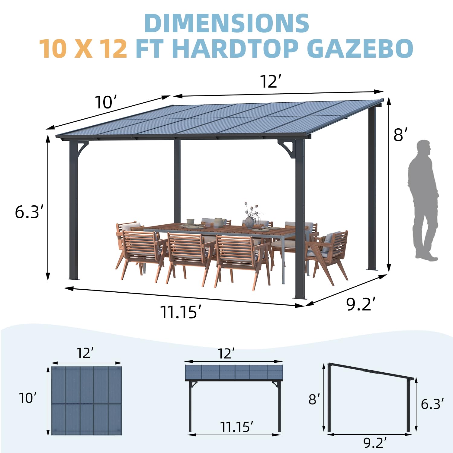 YODOLLA 12’ x 10’ Hard Top Lean to Gazebos Pergola, Dark Grey