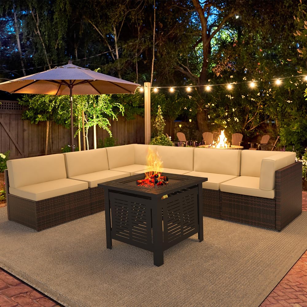 YODOLLA 7 Piece Outdoor Patio Furniture Set with 30 Inch Fire Pit Table, Brown Rattan Beige Cushion