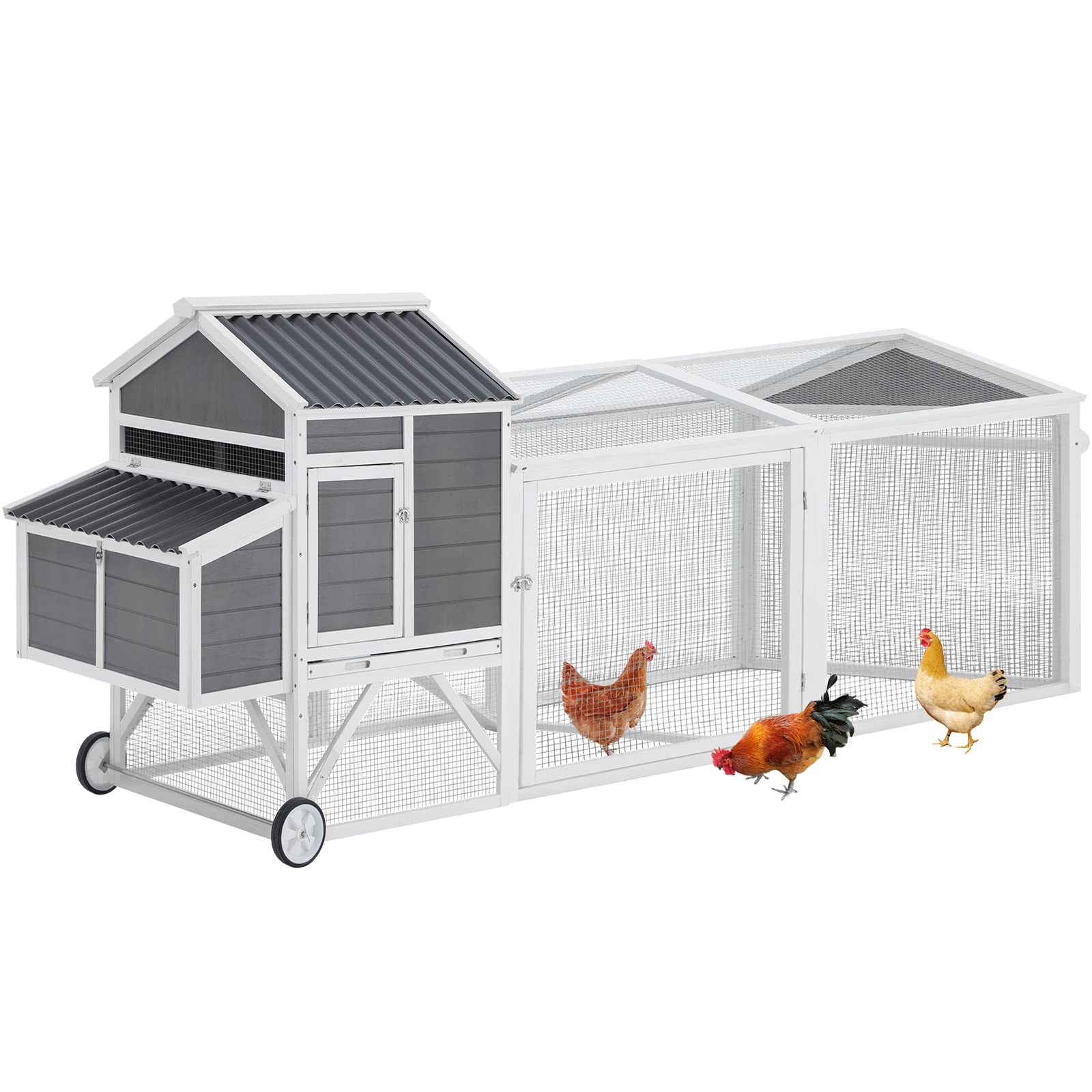 YODOLLA 95" Wooden Chicken Coop with Wheels Chicken Hutch Tractor, Graybest