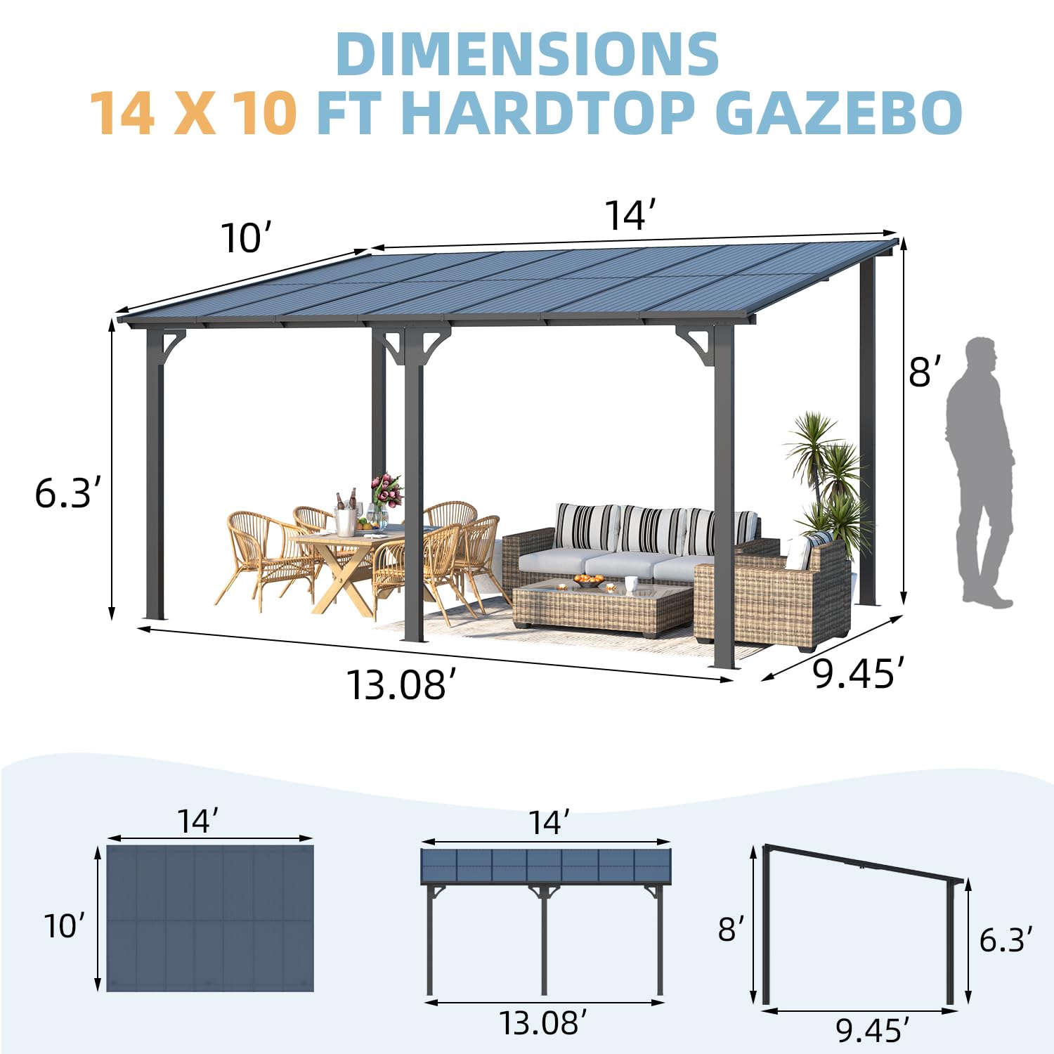 YODOLLA 14' x 10' Hard Top Lean to Gazebo for Patio, Dark Gray