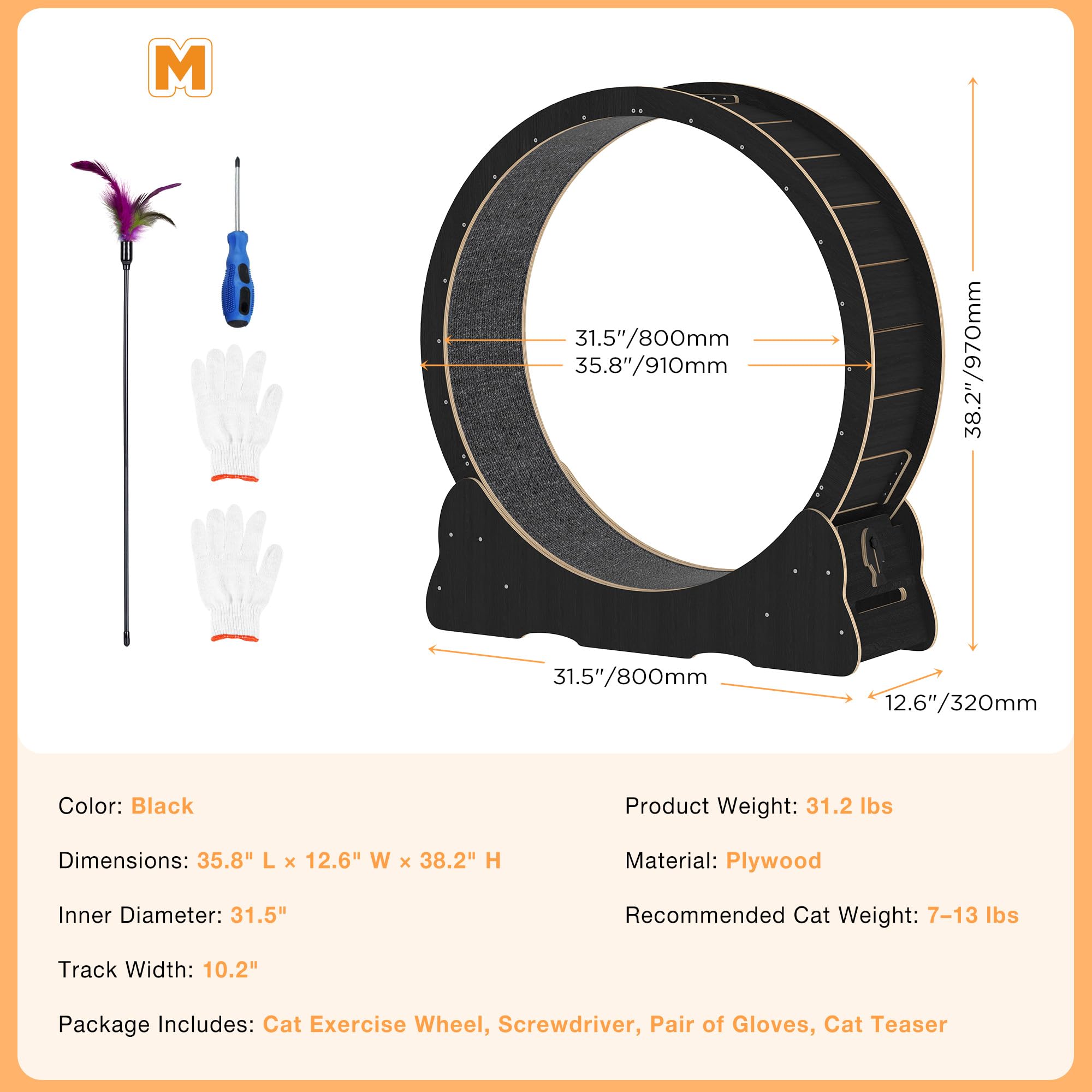 YODOLLA 35.8'' Cat Wheel Large Quiet Cat Treadmill, Black