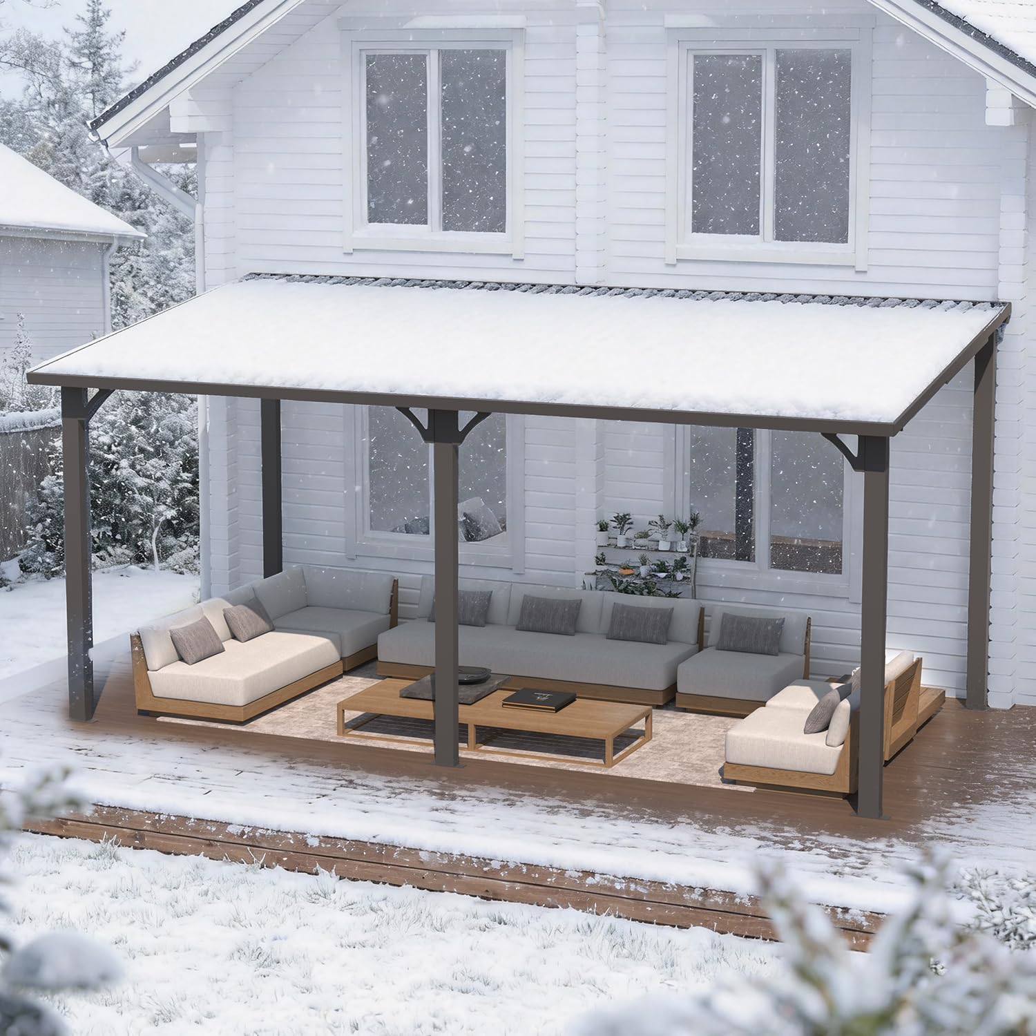 YODOLLA 16' x 8' Outdoor Hardtop Metal Gazebo Lean to Galvanized Steel Wall Mounted Pergolas