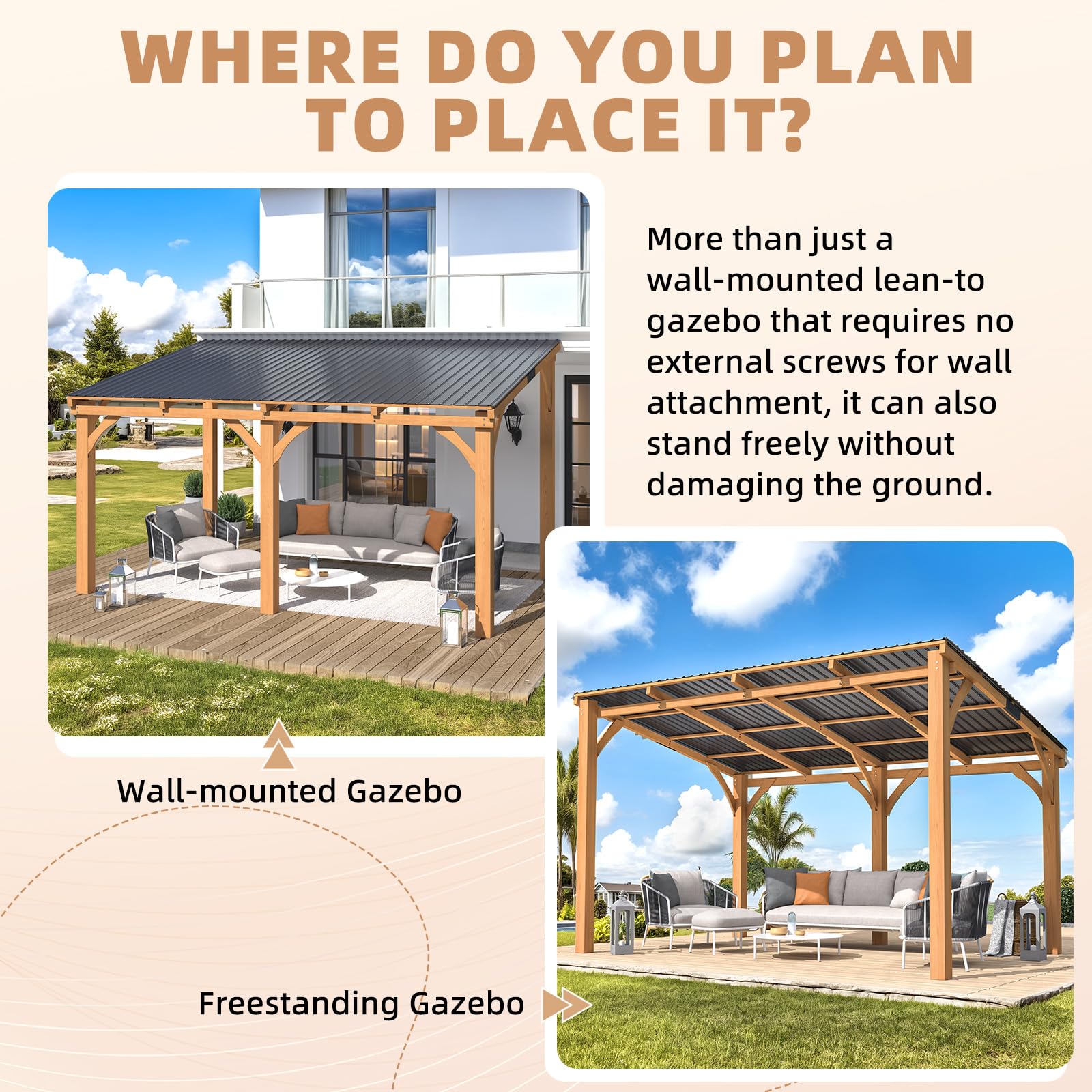 YODOLLA 14' x 10' Outdoor Wood Ceder Gazebo Lean to Hardtop Pergolas