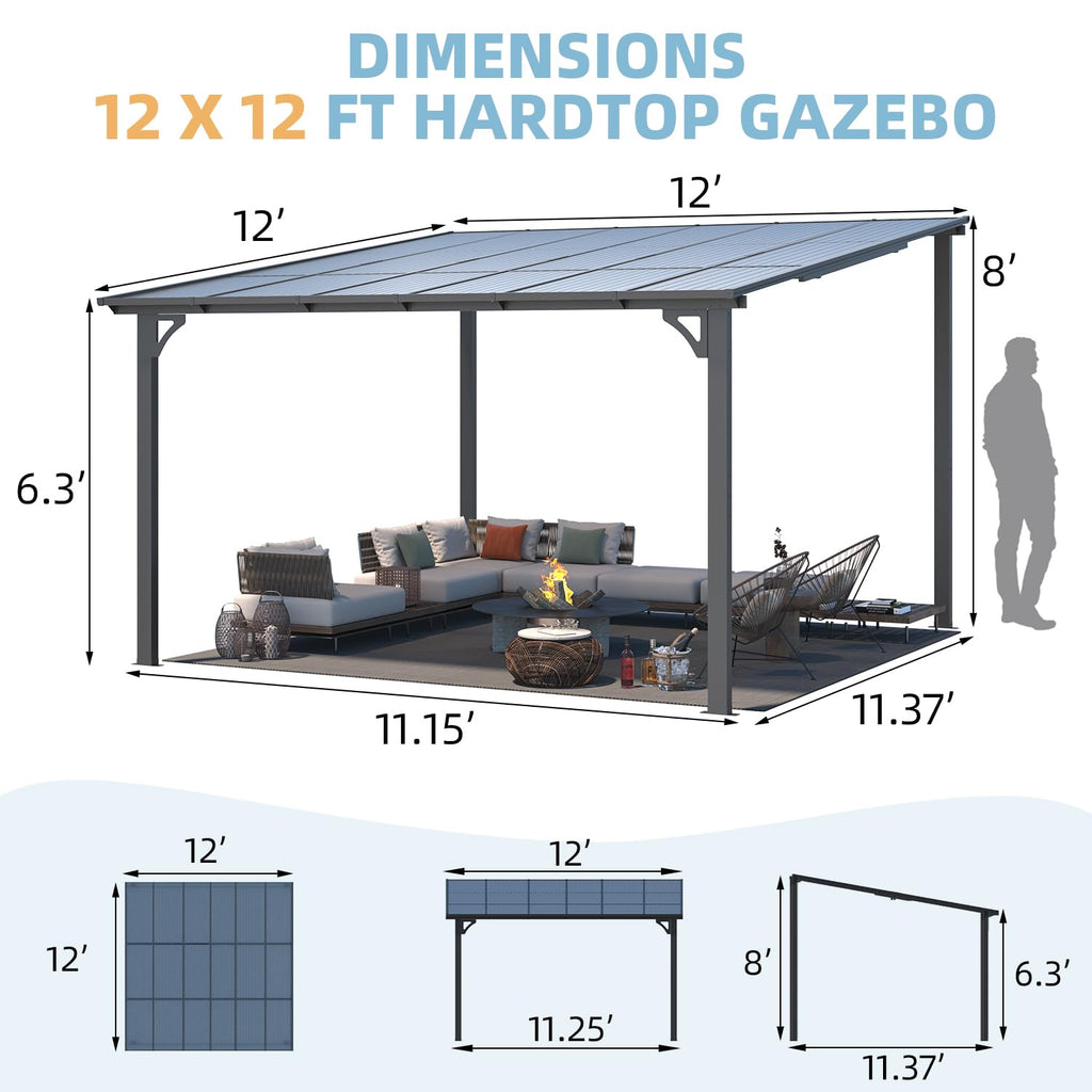 YODOLLA 12' x 12' Large Outdoor Wall Mounted Gazebos, Dark Graybest