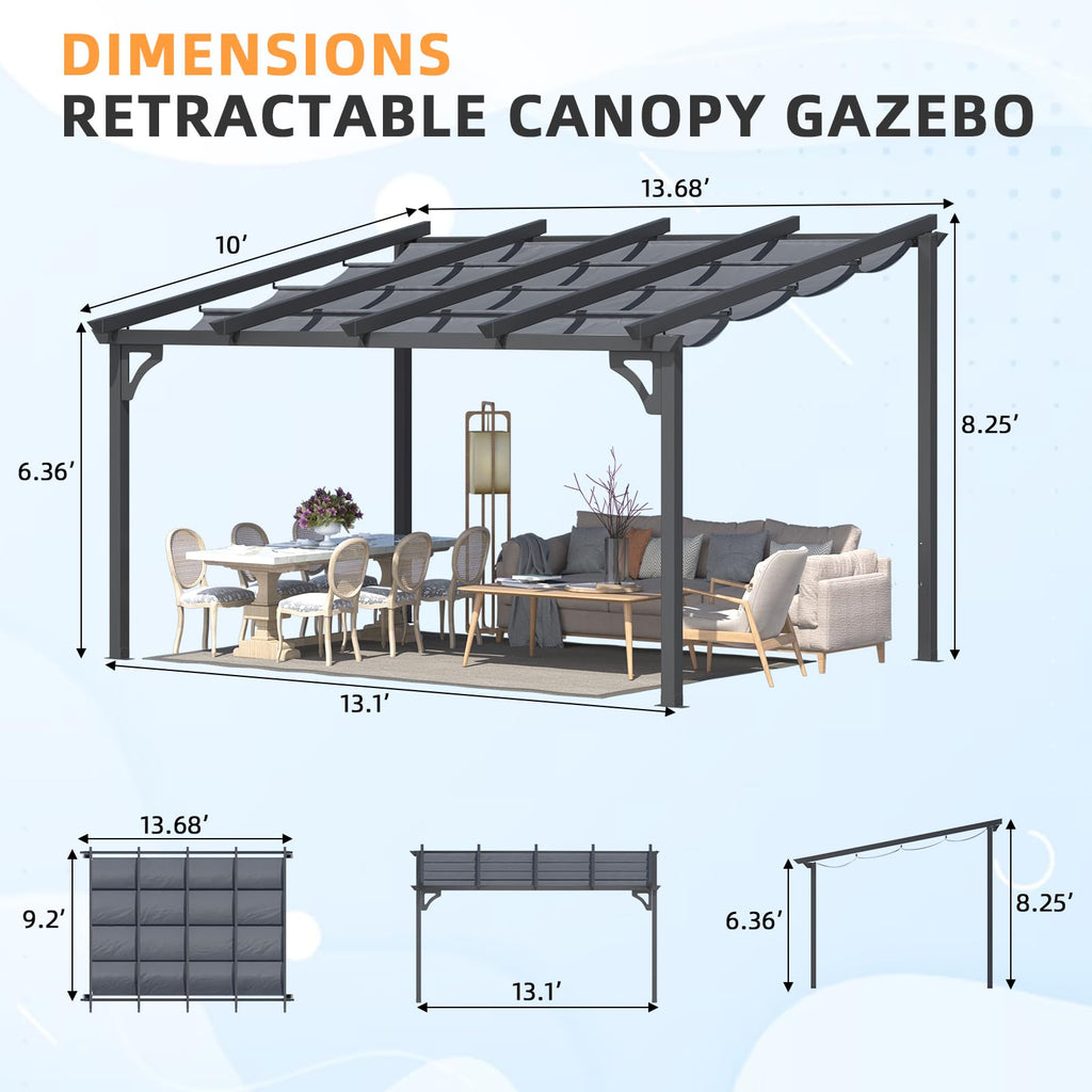 YODOLLA 14' x 10' Gazebo for Patio, Retractable Pergola with Adjustable Sun Shade Canopy Roofbest