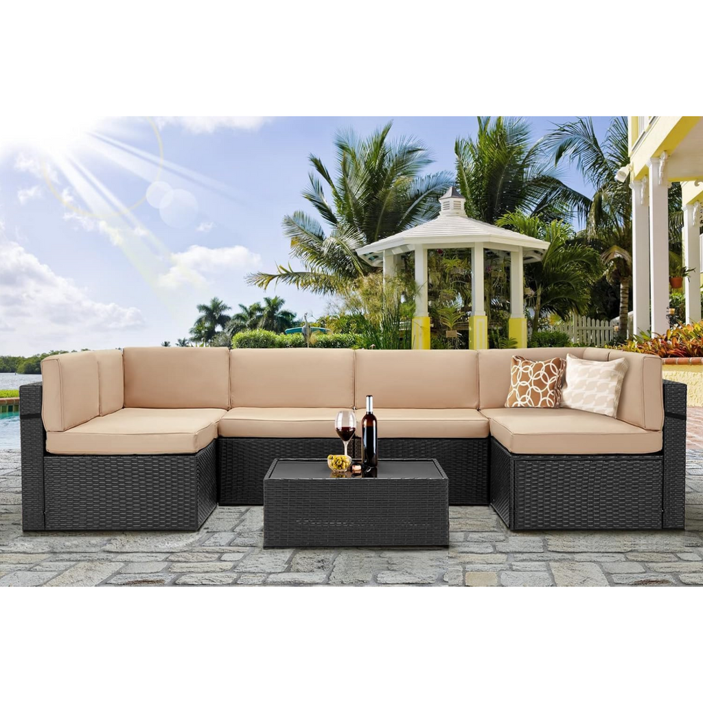 YODOLLA 7 Piece Outdoor Patio Furniture Set with 30 Inch Fire Pit Table, Black Rattan Beige Cushion