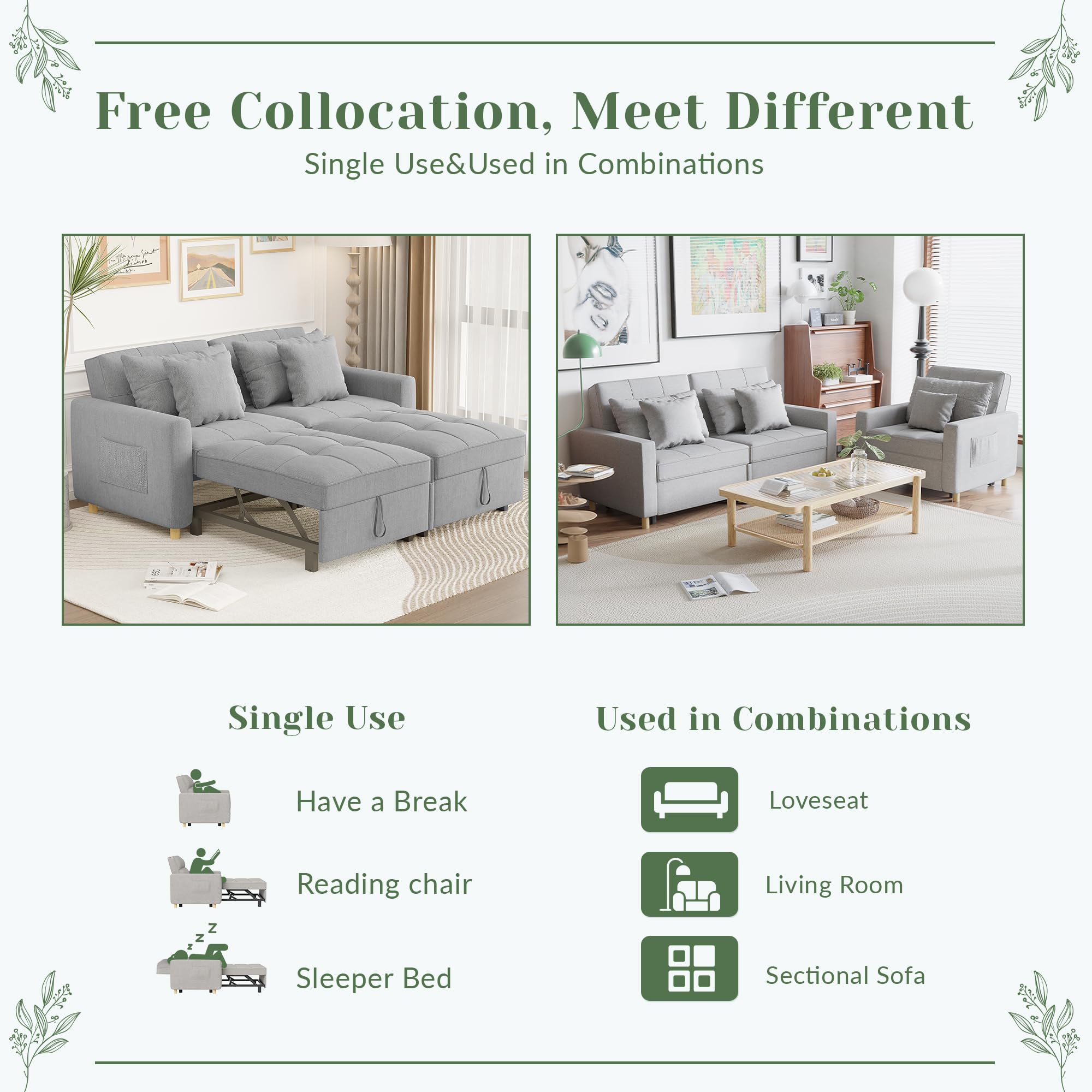 YODOLLA Comfortable 3-1 Convertible Sofa Bed, Gray