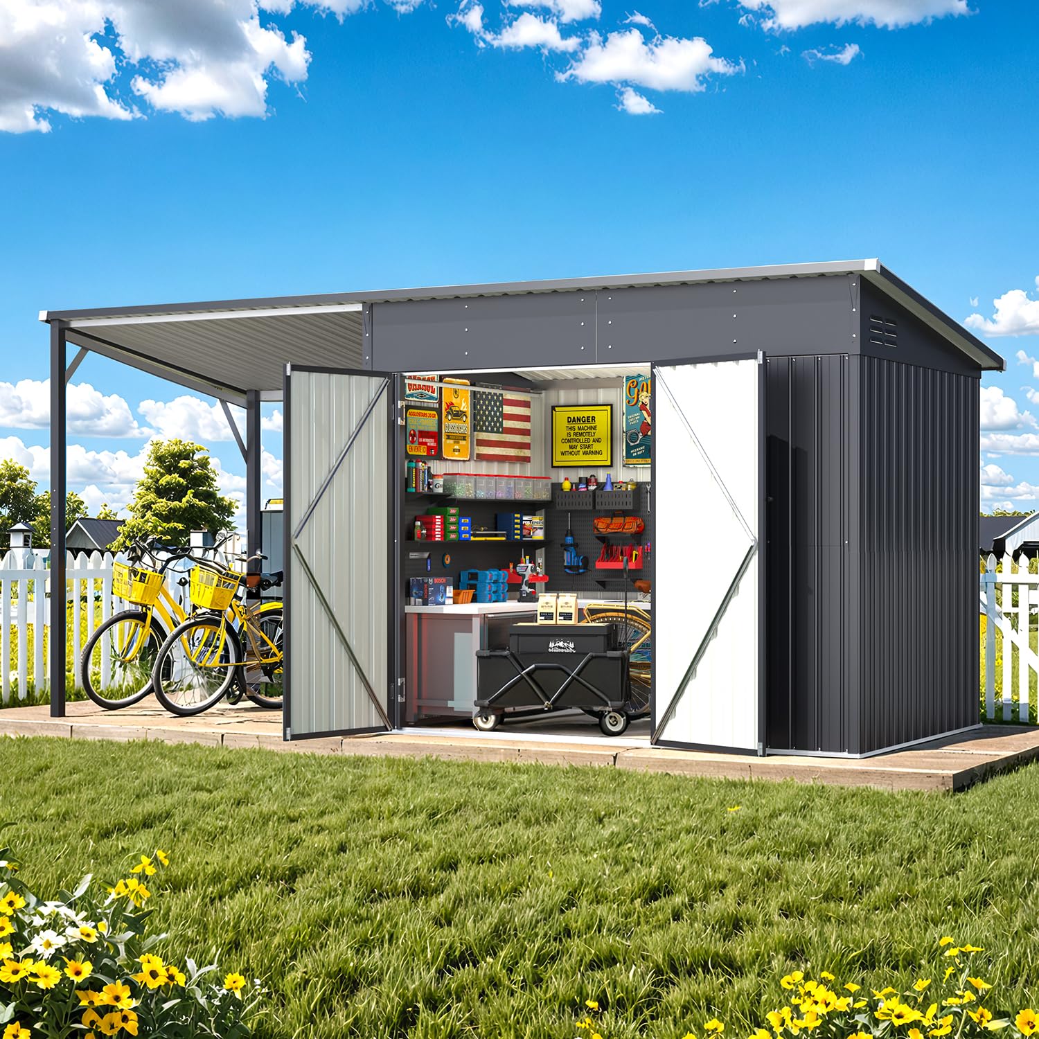 YODOLLA 14' x 5' Outdoor Open-Sided Metal Storage Shed