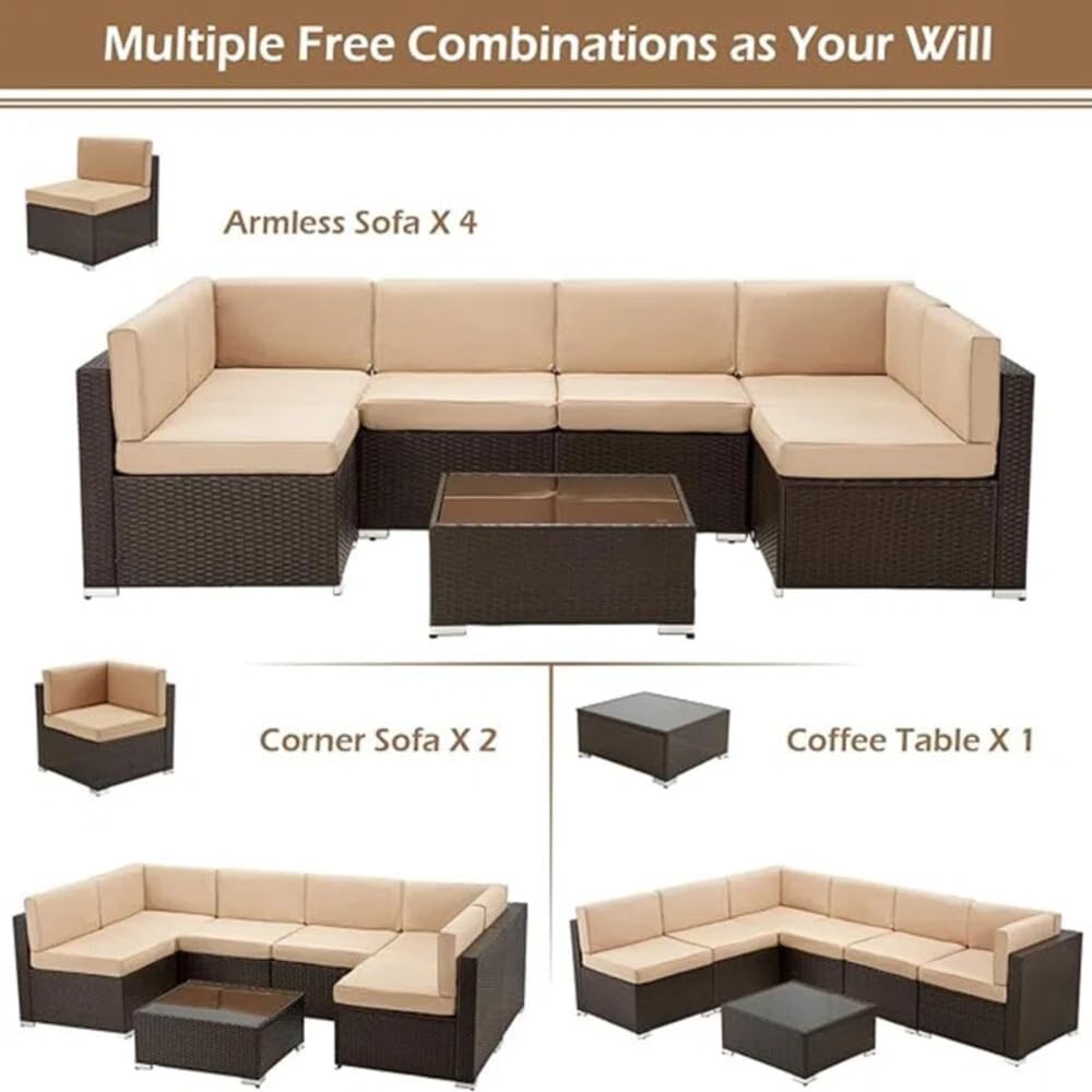 YODOLLA 7 Piece Outdoor Patio Furniture Set with Extra 43 Inch Fire Pit Table, Brown Rattan & Beige Cushion