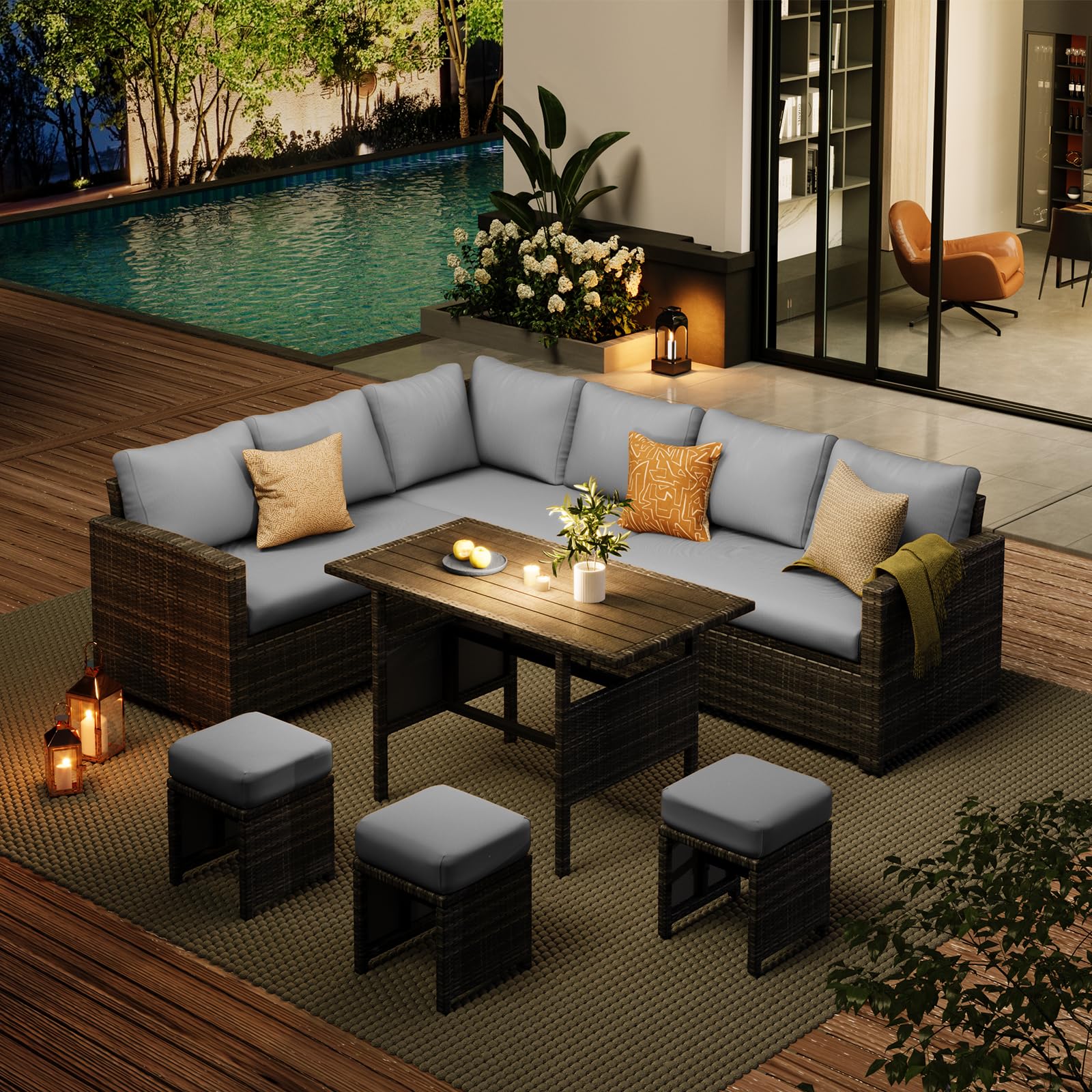 YODOLLA 7-Pc Patio Set, Grey Rattan & Grey Cushion