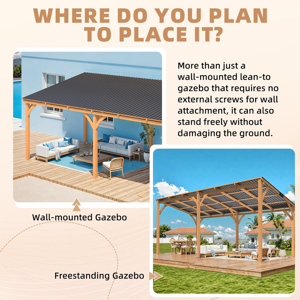 YODOLLA 20' x 10' Outdoor Wood Ceder Gazebo Lean to Hardtop Pergolas