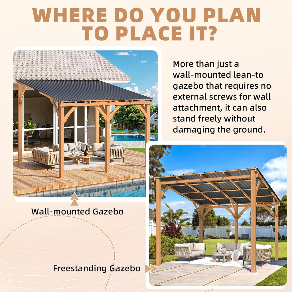 YODOLLA 10' x 10' Outdoor Wood Ceder Gazebo Lean to Hardtop Pergolas