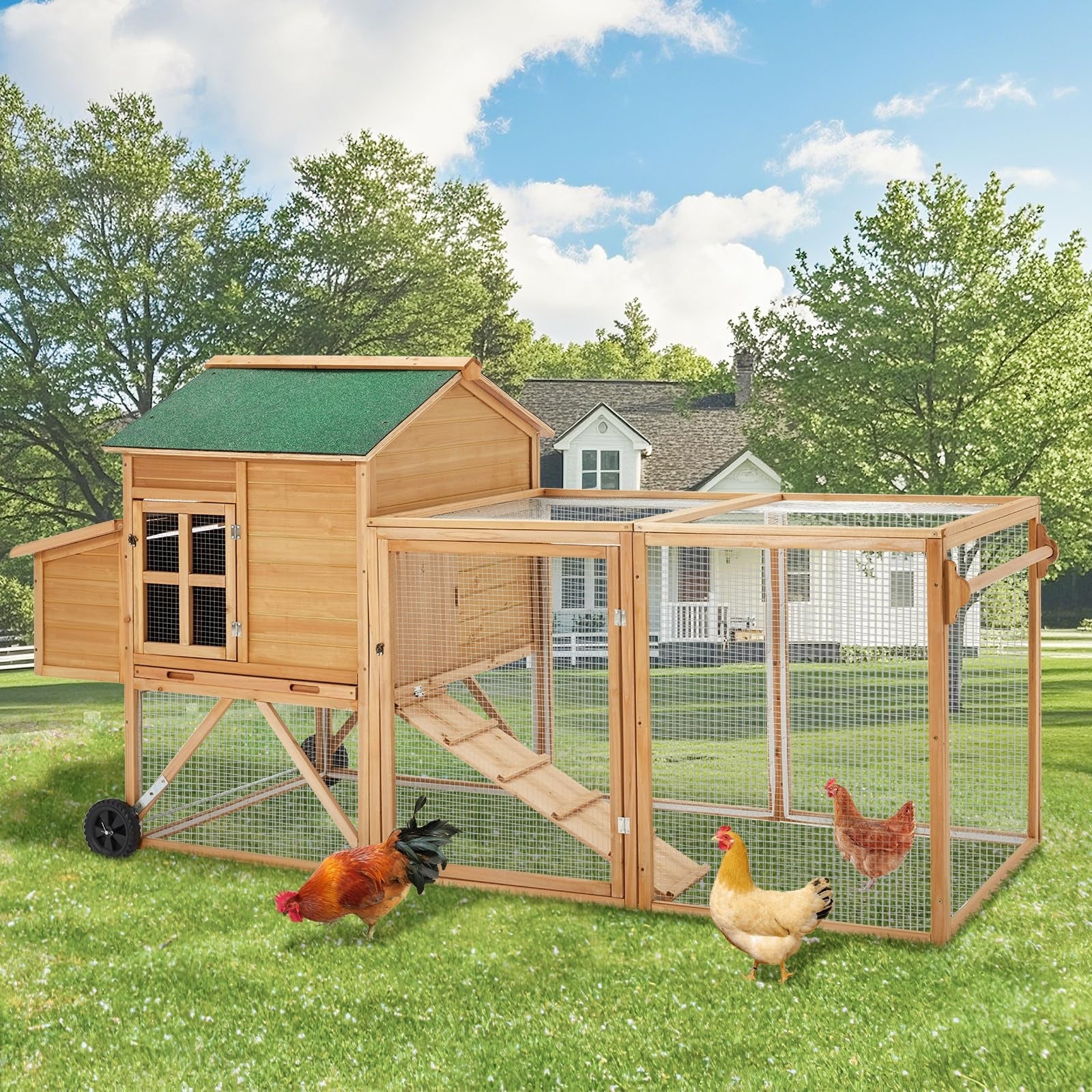 YODOLLA  96" Chicken Coop with Wheels, Large Outdoor Wooden Chicken Coop Chicken Run Pet Hutch Hen House with Run,Nesting Boxes, Ramps, Easy-Cleaning Tray for 6 Chickensbest