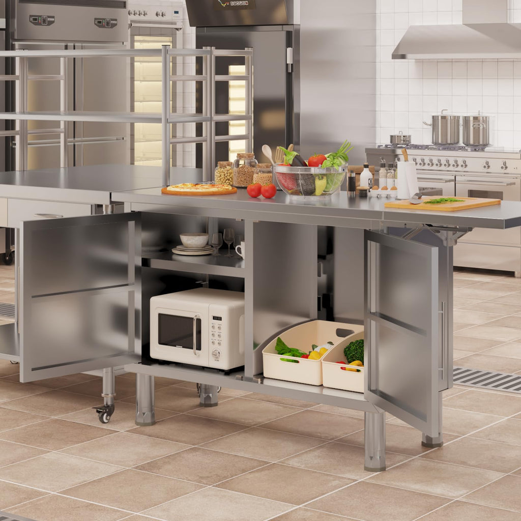 YODOLLA 57"x19.7" Stainless Steel Work Table Kitchen Cabinets with Extend Panel & Adjustable Shelf