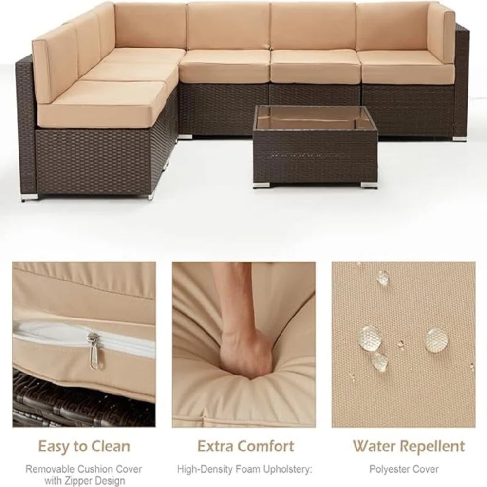 YODOLLA 7 Piece Outdoor Patio Furniture Set with Extra 43 Inch Fire Pit Table, Brown Rattan & Beige Cushion
