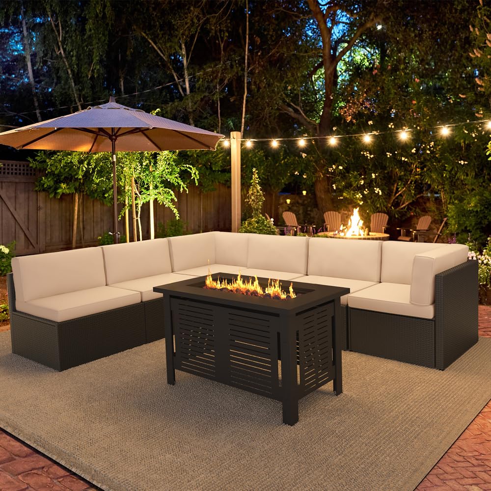 YODOLLA 7 Piece Outdoor Patio Furniture Set with Extra 43 Inch Fire Pit Table, Brown Rattan & Beige Cushion