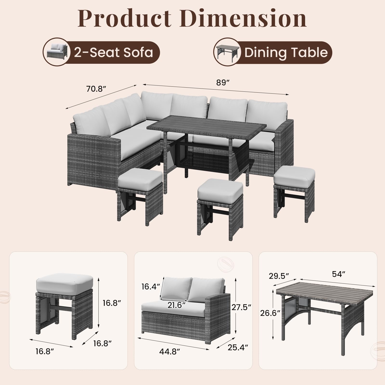YODOLLA 7 Pieces Outdoor Wicker Rattan Dining Sofa Set, Light Grey