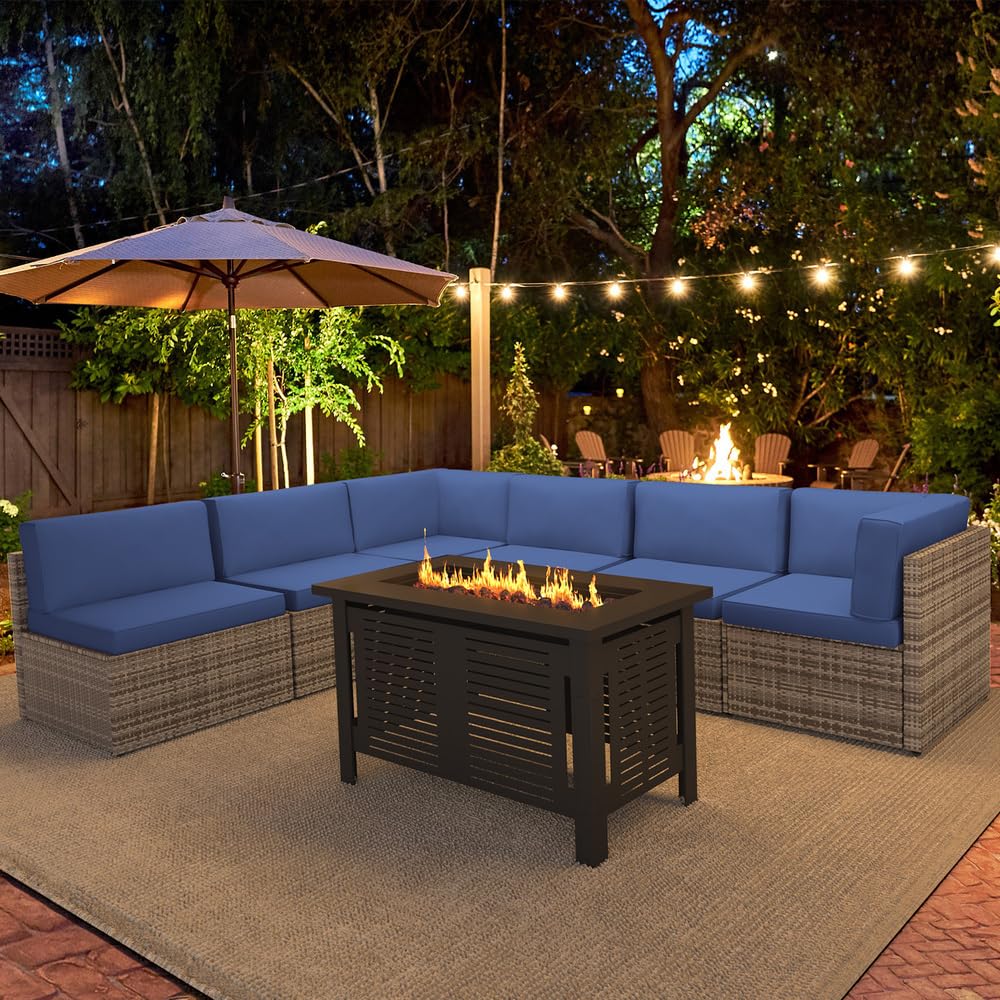 YODOLLA 7 Piece Outdoor Patio Furniture Set with Extra 43'' Fire Pit Table, Grey Rattan & Navy Cushion