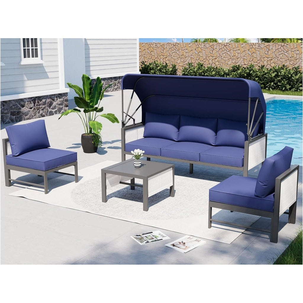 YODOLLA 4 Pieces Aluminum Patio Furniture Set, Retractable Canopy, Dark Blue